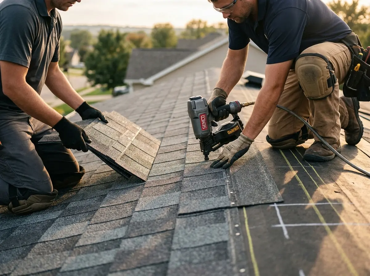 Professional roofer working on a residential roof in Houlton